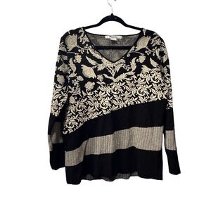 Nygard Collection Women's Sweater M Black Beige gold‎ thread V Neck Long Sleeve